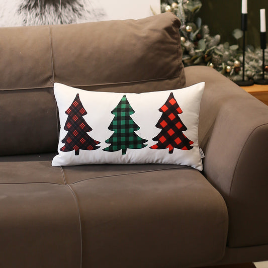 Christmas Tree Decorative Single Throw Pillow 12" x 20" White & Red Lumbar for Couch, Bedding