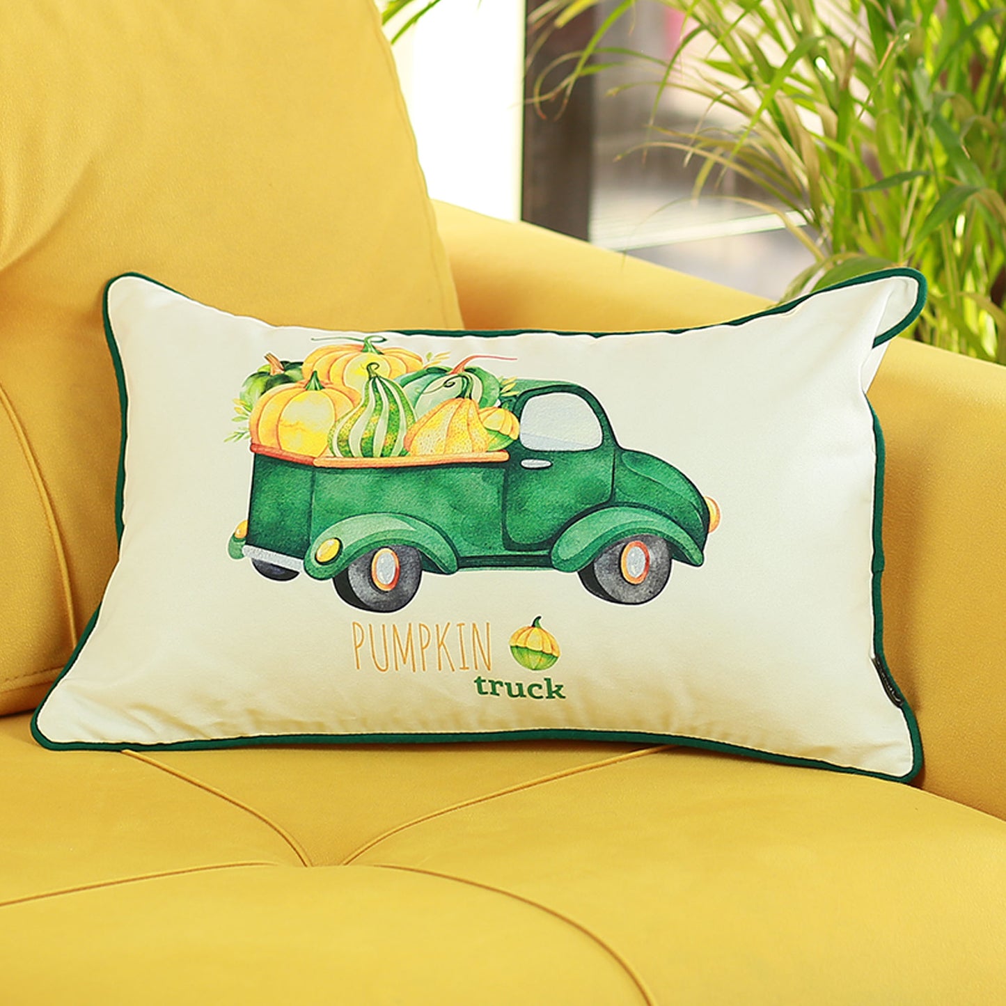 Fall Season Decorative Single Throw Pillow Pumpkin Truck 12" x 20" White & Green Lumbar Thanksgiving for Couch, Bedding