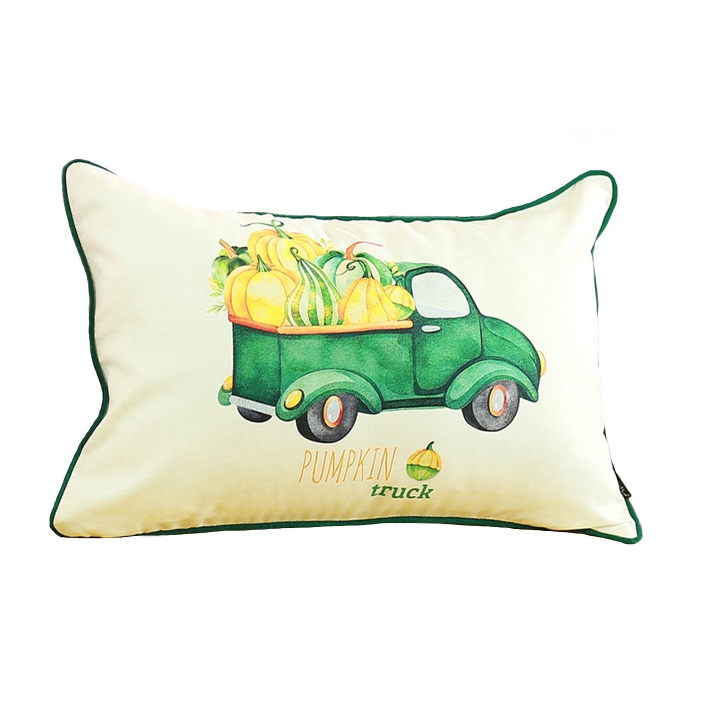 Fall Season Decorative Single Throw Pillow Pumpkin Truck 12" x 20" White & Green Lumbar Thanksgiving for Couch, Bedding