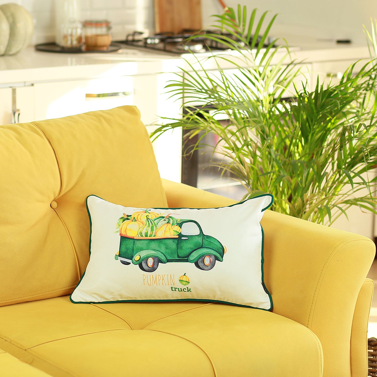 Fall Season Decorative Single Throw Pillow Pumpkin Truck 12" x 20" White & Green Lumbar Thanksgiving for Couch, Bedding