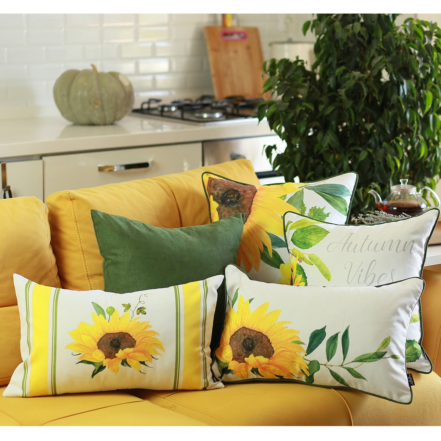 Fall Season Decorative Throw Pillow Set of 2 18" x 18" Sunflowers Lumbar for Couch, Bedding