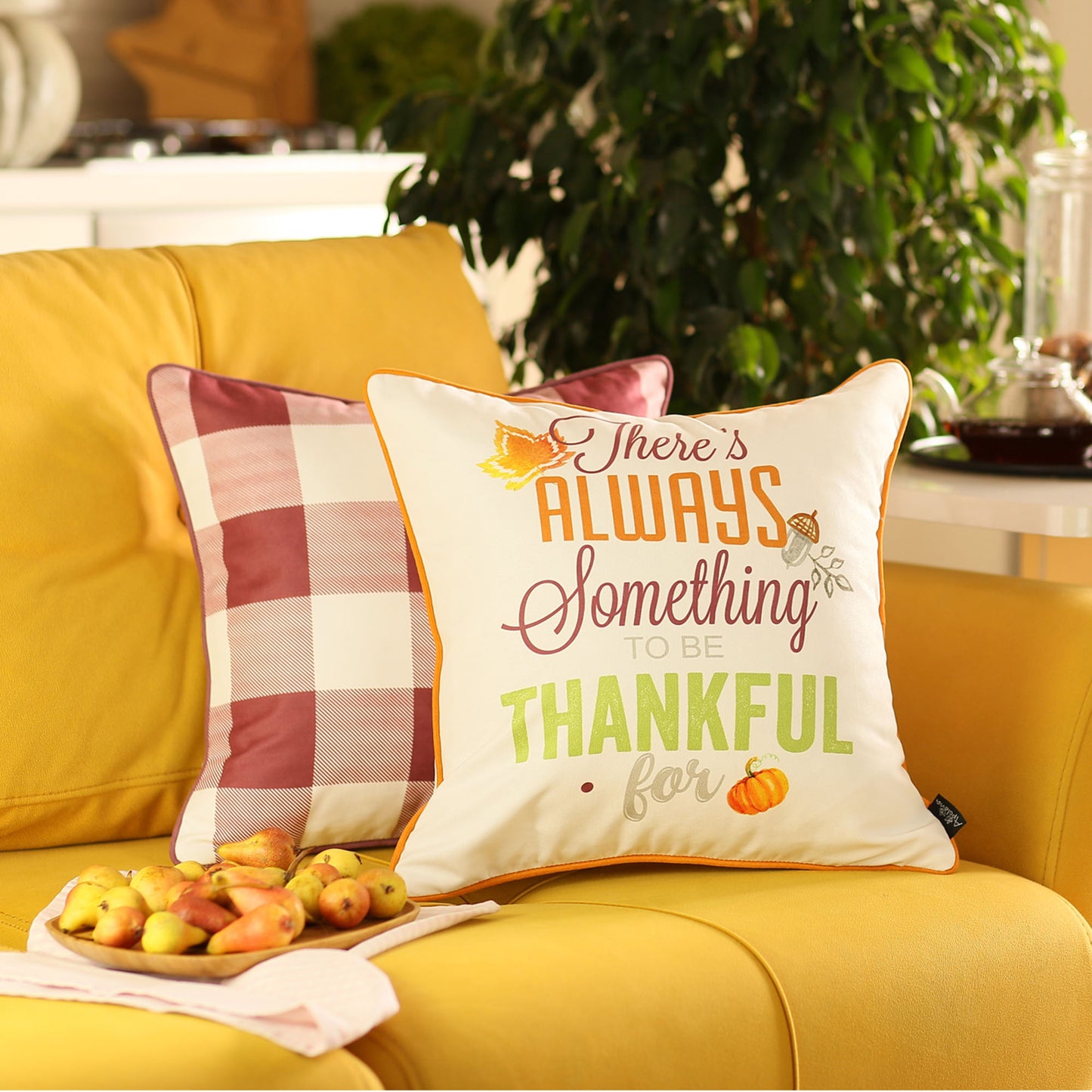 Fall Season Decorative Throw Pillow Set of 2 Plaid & Quote 18" x 18" Yellow & Orange Square Thanksgiving for Couch, Bedding