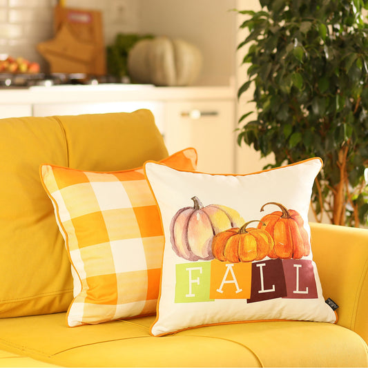 Fall Season Decorative Throw Pillow Set of 2 Plaid & Pumpkins 18" x 18" Yellow & Orange Square Thanksgiving for Couch, Bedding