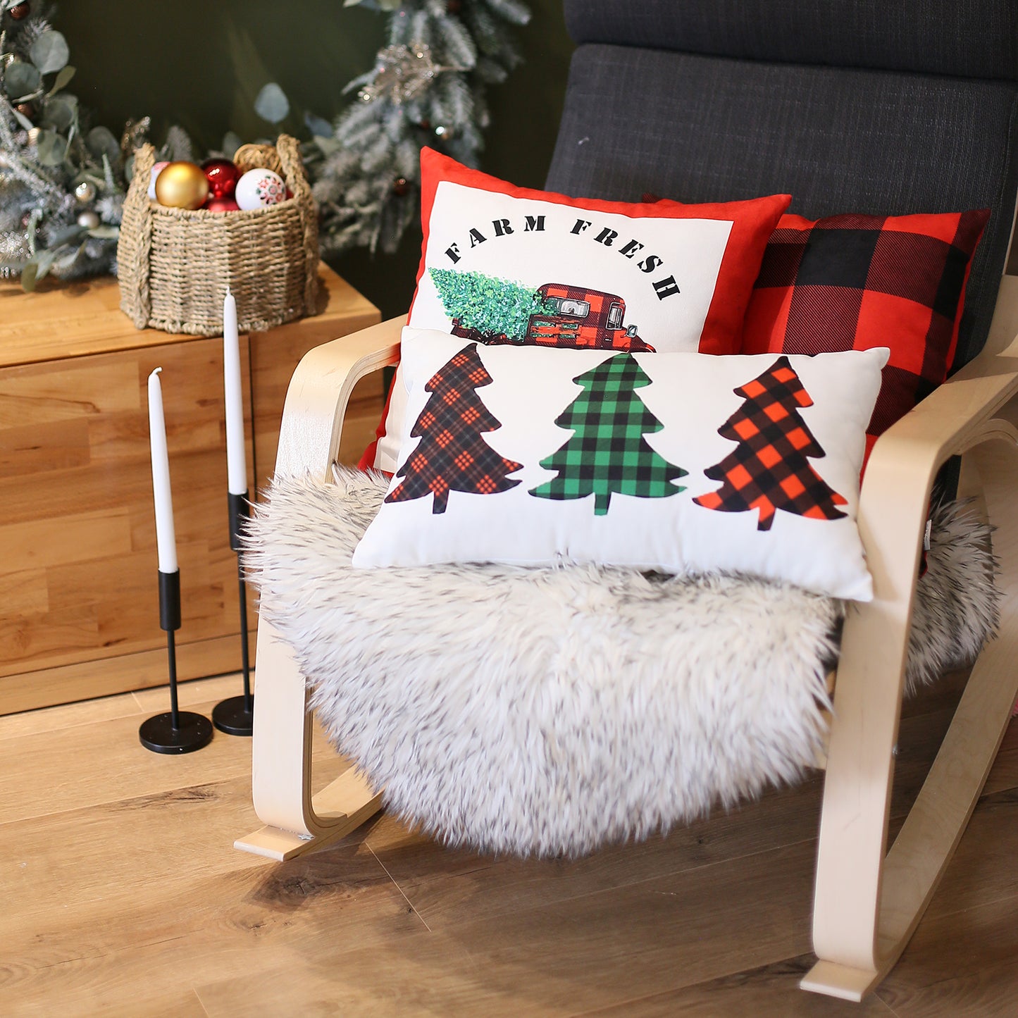 Christmas Plaid Decorative Throw Pillow Set of 2 Square 18" x 18" Red for Couch, Bedding