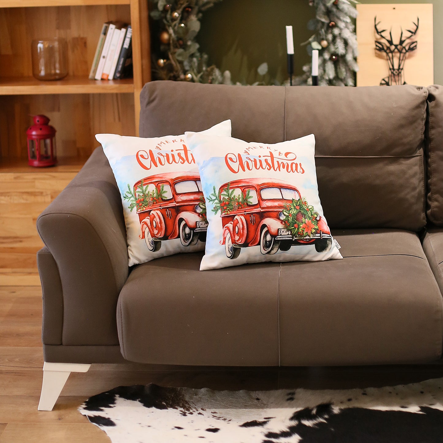 Christmas Car Decorative Throw Pillow Set of 2 Square 18" x 18" White & Red for Couch, Bedding