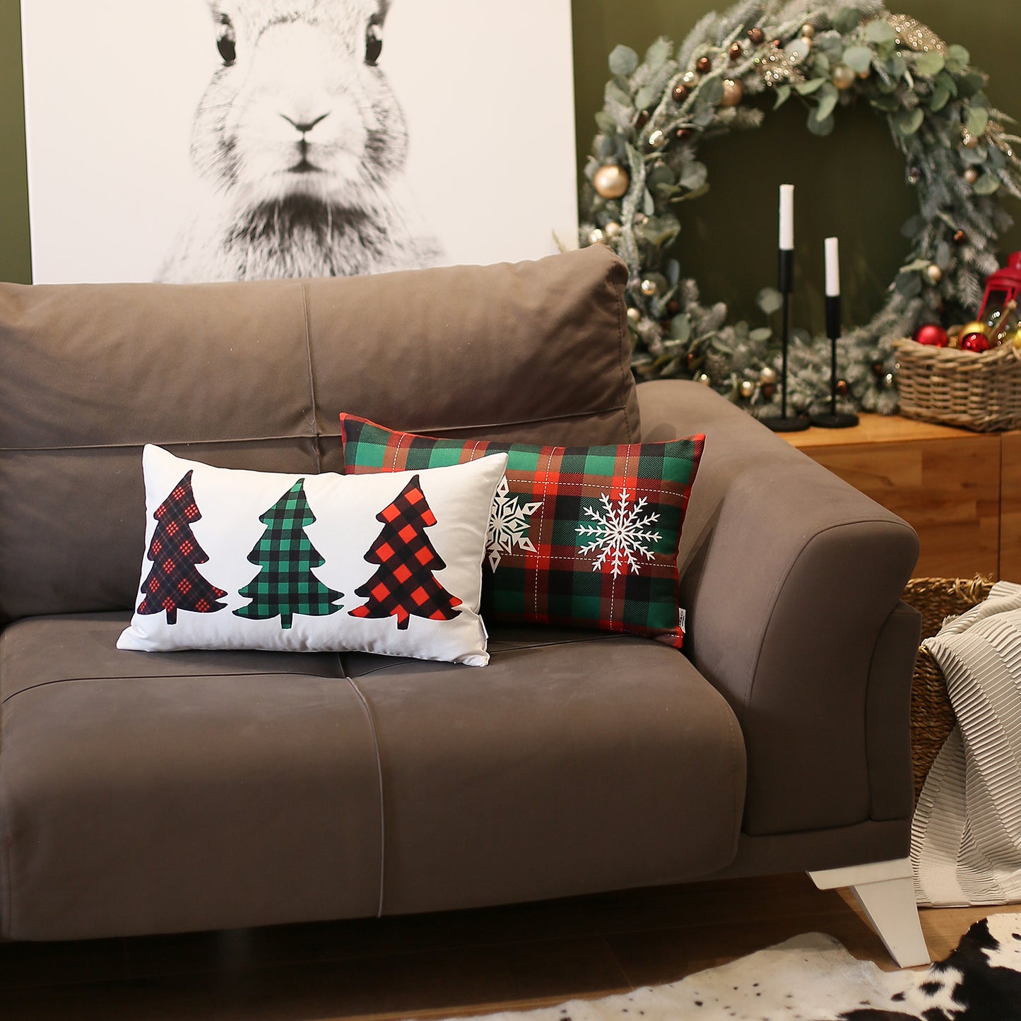 Christmas Tree & Plaid Decorative Throw Pillow Set of 2 Lumbar 12" x 20" White & Red for Couch, Bedding