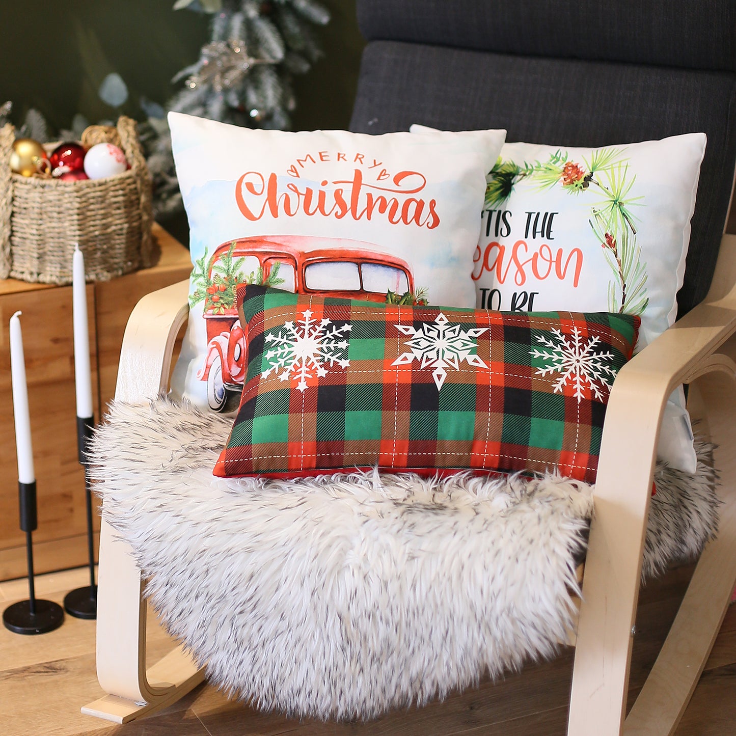 Christmas Tree & Plaid Decorative Throw Pillow Set of 2 Lumbar 12" x 20" White & Red for Couch, Bedding