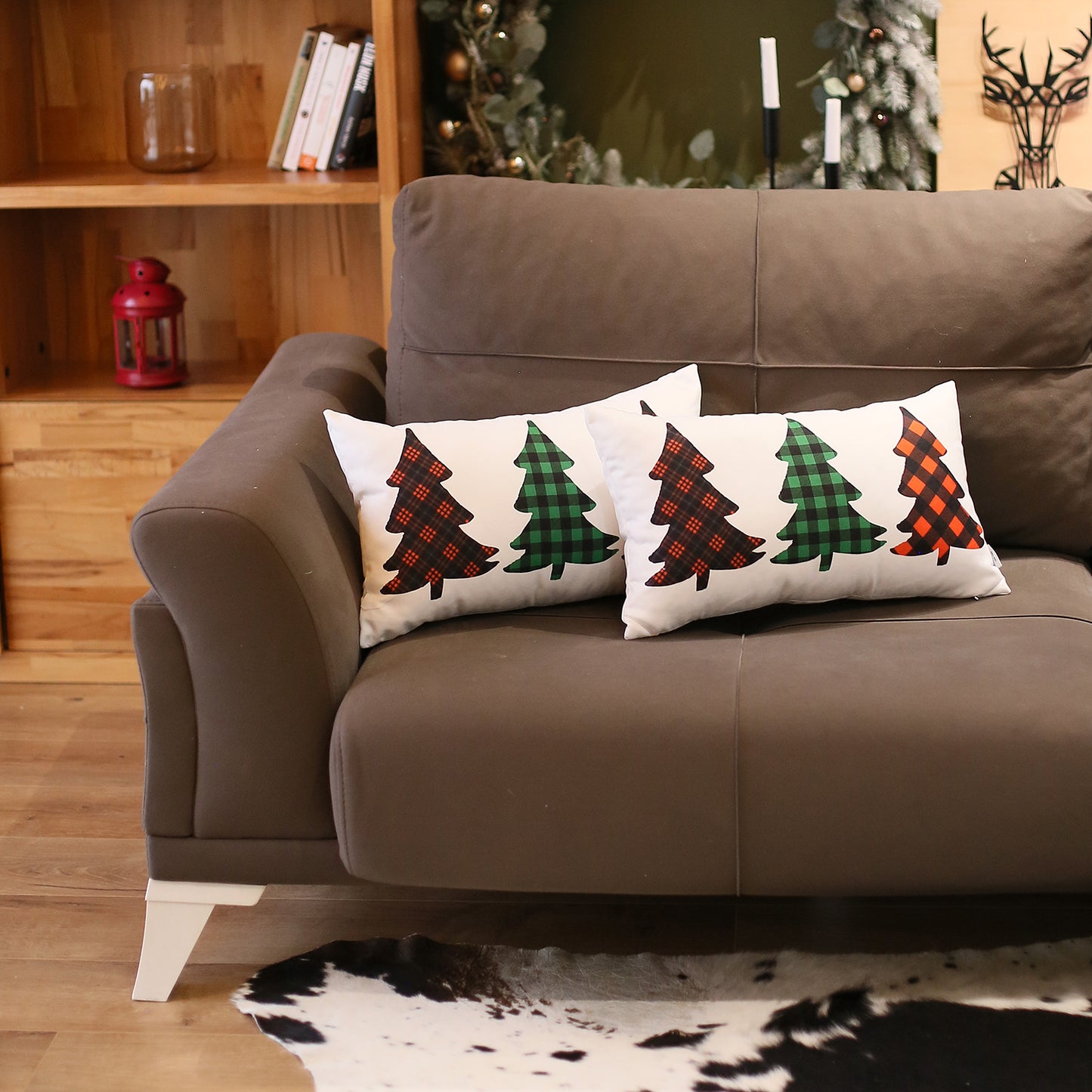 Christmas Tree Decorative Throw Pillow Set of 2 Lumbar 12" x 20" White & Red for Couch, Bedding
