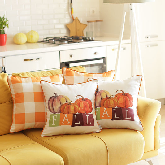 Fall Season Decorative Throw Pillow Set of 4 Plaid & Pumpkins 18" x 18" Yellow & Orange Square Thanksgiving for Couch, Bedding