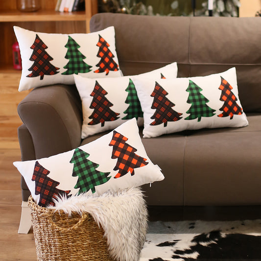 Christmas Tree Decorative Throw Pillow Set of 4 Lumbar 12" x 20" White & Red for Couch, Bedding
