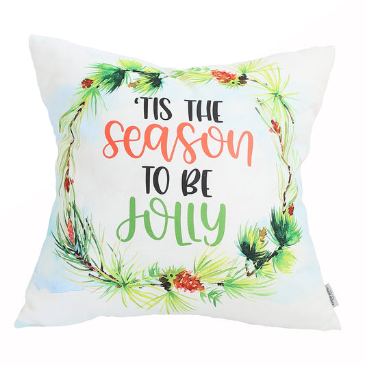 Decorative Christmas Themed Single Throw Pillow Cover 18" x 18" White & Green Square for Couch, Bedding