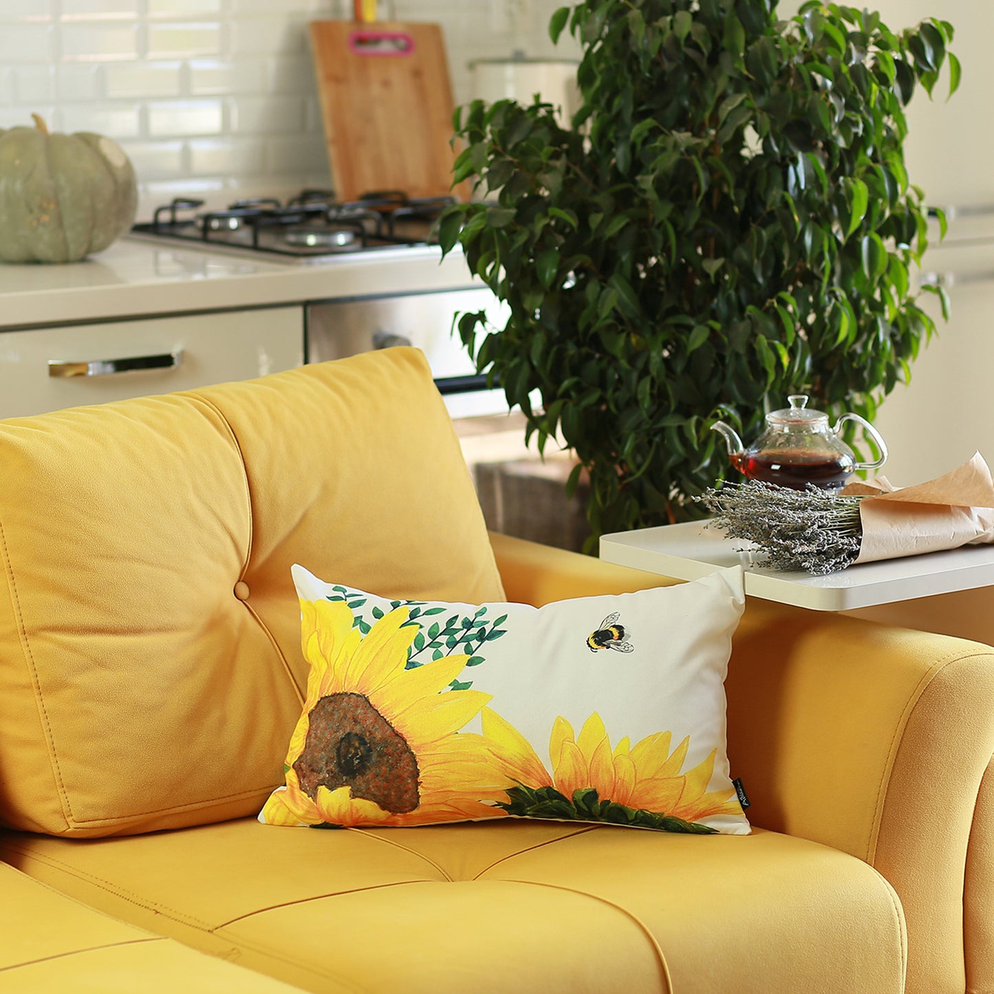 Decorative Fall Thanksgiving Throw Pillow Cover Sunflowers 14" x 21" Lumbar for Couch, Bedding
