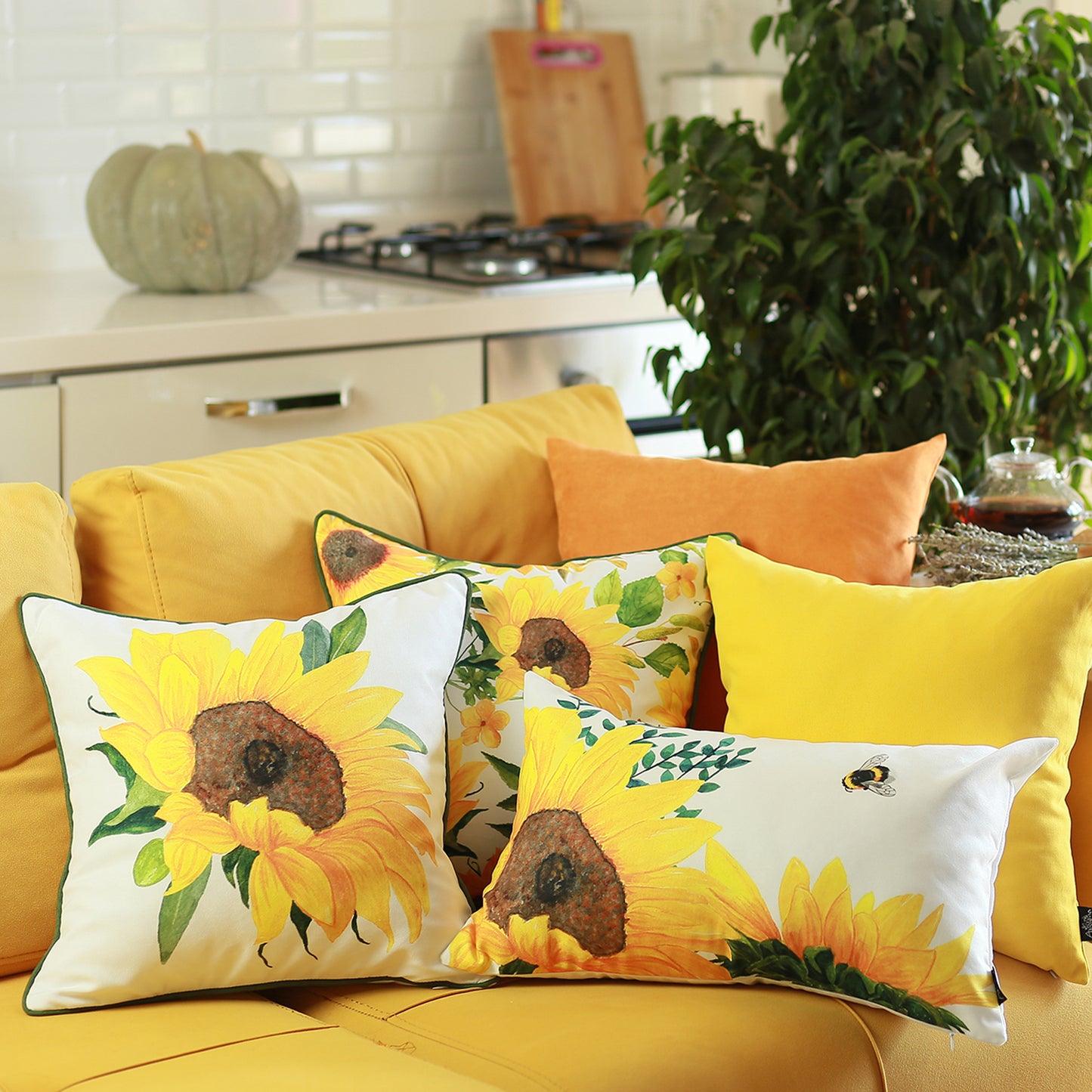 Decorative Fall Thanksgiving Throw Pillow Cover Sunflowers 14" x 21" Lumbar for Couch, Bedding