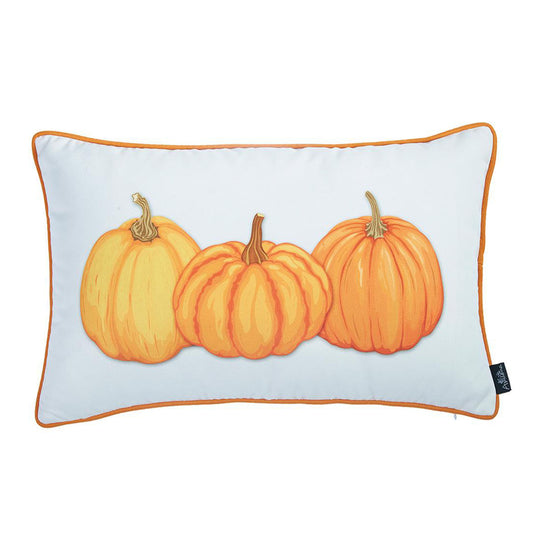 Decorative Fall Thanksgiving Single Throw Pillow Cover Pumpkins 12" x 20" White & Orange Lumbar for Couch, Bedding