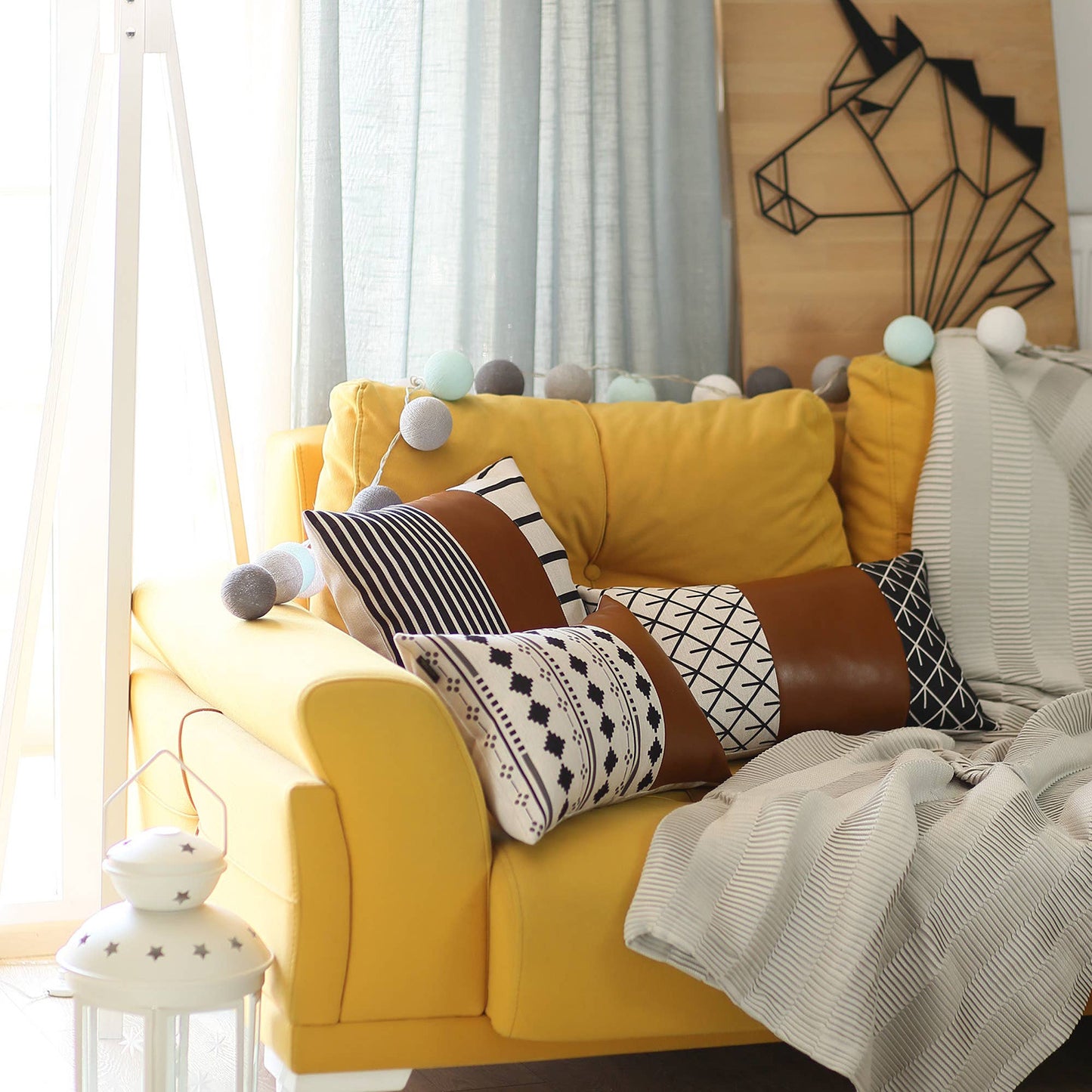 Boho Decorative Single Throw Pillow Cover Vegan Faux Leather Geometric for Couch, Bedding