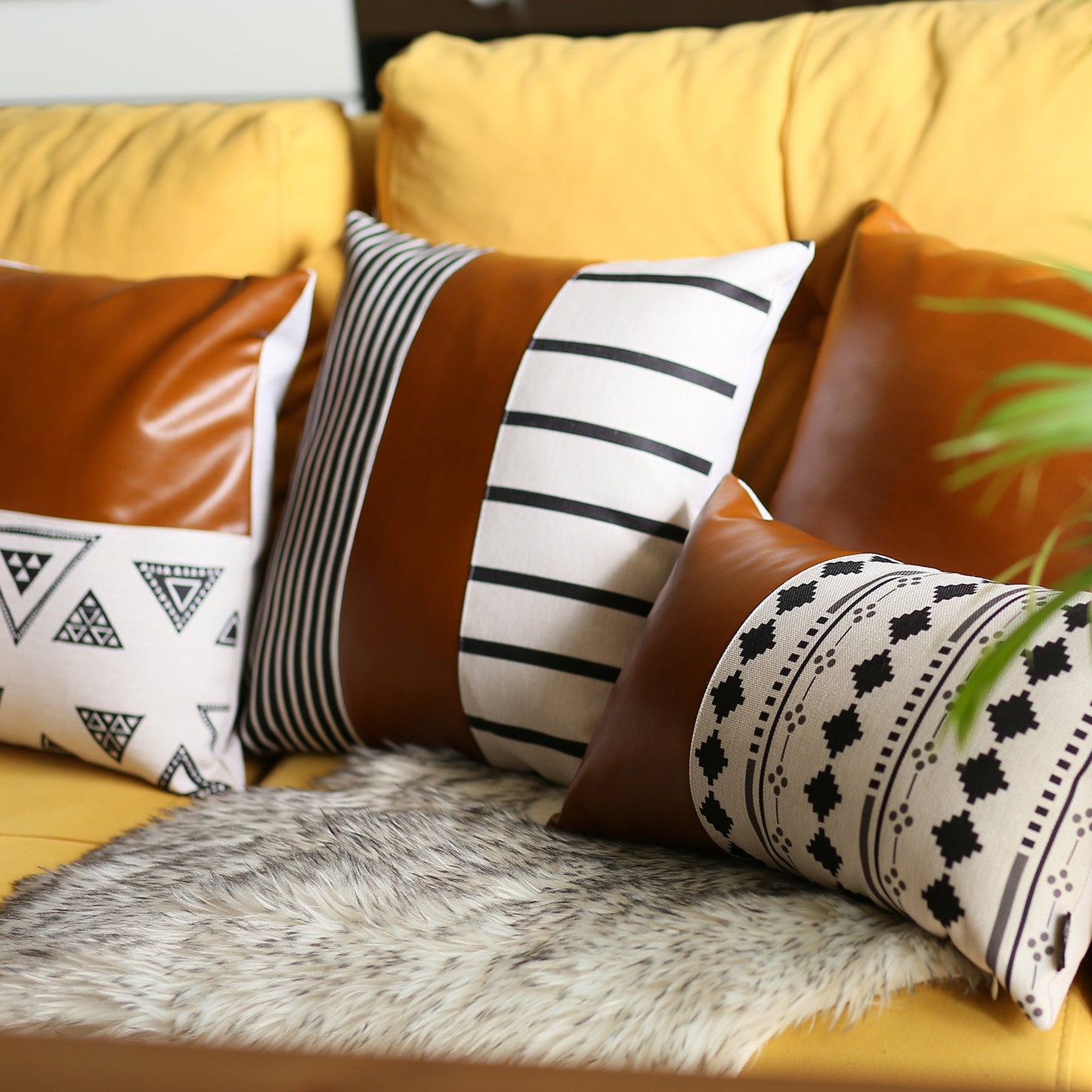 Boho Decorative Single Throw Pillow Cover Vegan Faux Leather Geometric for Couch, Bedding