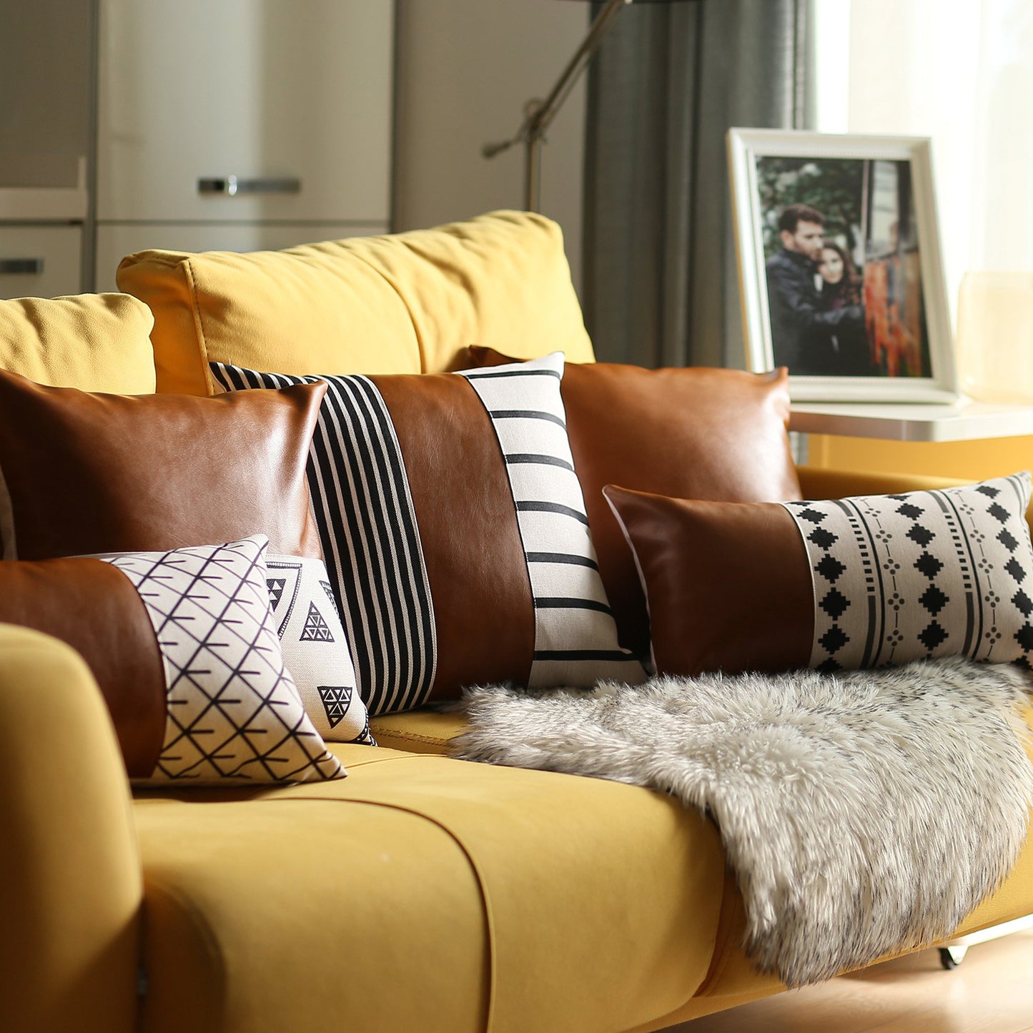 Boho Decorative Single Throw Pillow Cover Vegan Faux Leather Geometric for Couch, Bedding