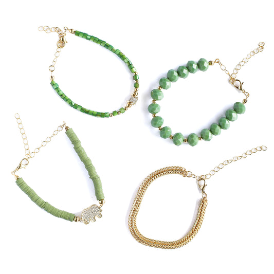 Women Gold-Plated Boho Bracelet Set 4Pcs, Green Flat Round Beads & Elephant, Crystals & Beads, Snake Chain, Mother of Pearl & Stone Pendant, Bohemian Style Trendy & Adjustable Elegant Fashion Jewelry
