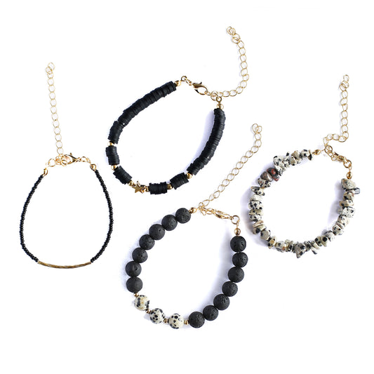 Women Gold-Plated Boho Bracelet Set 4Pcs, Jasper & Lava Stone, Flat Round Beads & Star Pendant, Jasper Stone, Black Beads & Gold-tone Bead, Bohemian Style Trendy & Adjustable Elegant Fashion Jewelry