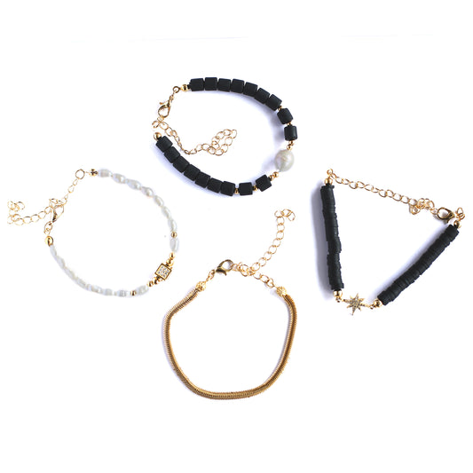 Women Gold-Plated Boho Bracelet Set 4Pcs, Shell Pearl & Beads, Snake Chain, Black Flat Round Beads & Star, Black Beads & Shell Pearl, Bohemian Style Trendy & Adjustable Elegant Fashion Jewelry