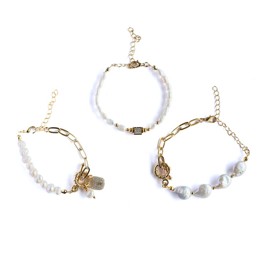 Women Gold-Plated Boho Bracelet Set 3Pcs, Half Link Chain & Shell Pearl & Lock Pendant, Half Link Chain & Shell Pearl, Shell Pearl & Square Pendant, Bohemian Style Trendy & Adjustable Fashion Jewelry