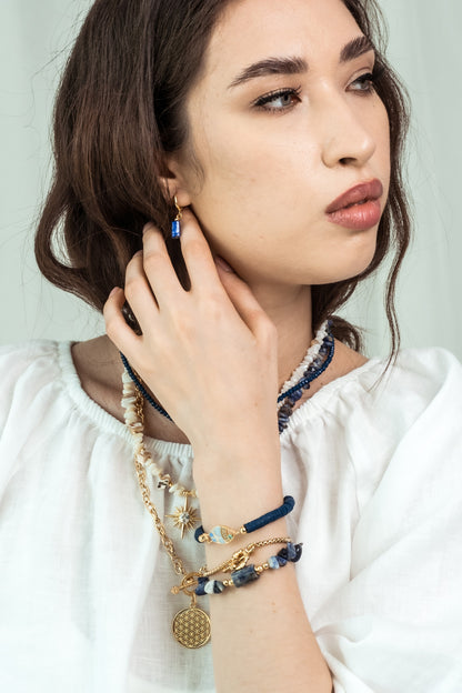 Women Gold-Plated Boho Bracelet Set 3Pcs, Navy Blue Round Flat Beads & Fish Pendant, Lapis Lazuli & Stone Pendant, Box Chain, Bohemian Style Trendy & Adjustable Elegant Fashion Jewelry