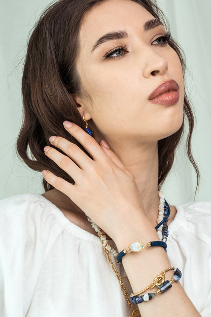 Women Gold-Plated Boho Bracelet Set 3Pcs, Navy Blue Round Flat Beads & Fish Pendant, Lapis Lazuli & Stone Pendant, Box Chain, Bohemian Style Trendy & Adjustable Elegant Fashion Jewelry