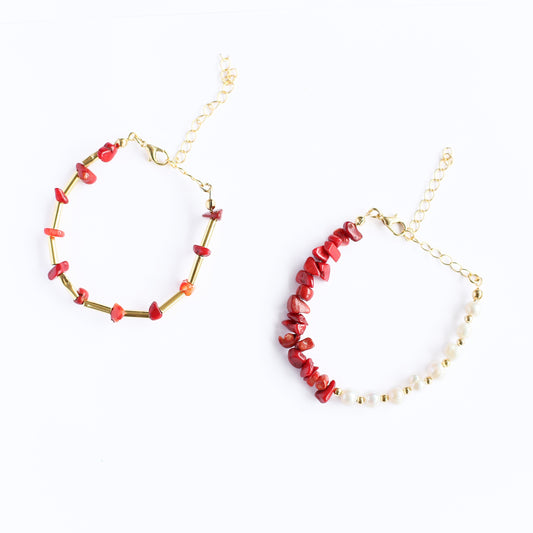 Women Gold-Plated Boho Bracelet Set 2Pcs, Red Coral & Gold-tone Long Beads, Half Coral & Half Shell Pearl, Bohemian Style Trendy & Adjustable Elegant Fashion Jewelry