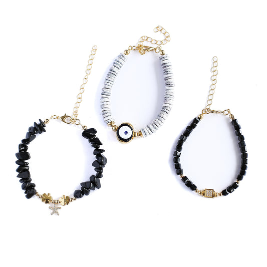 Women Gold-Plated Boho Bracelet Set 3Pcs, Onyx & Starfish Pendant, Mother of Pearl & Evil Eye, Black Beads & Square Zircon Pendant, Bohemian Style Trendy & Adjustable Elegant Fashion Jewelry