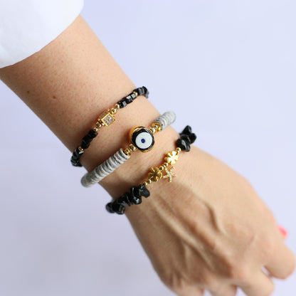 Women Gold-Plated Boho Bracelet Set 3Pcs, Onyx & Starfish Pendant, Mother of Pearl & Evil Eye, Black Beads & Square Zircon Pendant, Bohemian Style Trendy & Adjustable Elegant Fashion Jewelry