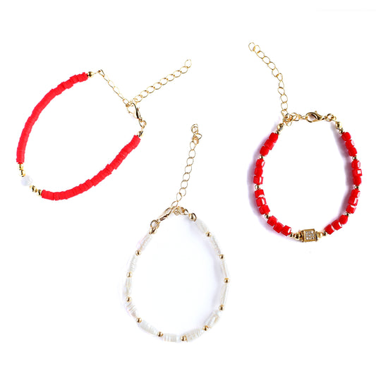 Women Gold-Plated Boho Bracelet Set 3Pcs, Garnet Beads & Shell Pearl, Red Beads & Square Zircon Pendant, Long Shell Pearl & Gold-tone Beads, Bohemian Style Trendy & Adjustable Elegant Fashion Jewelry