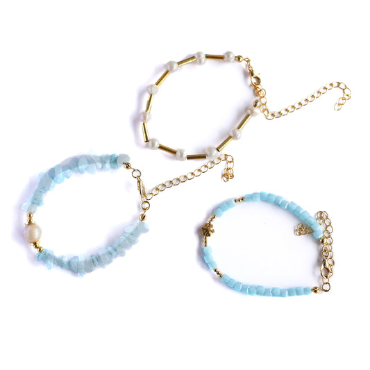 Women Gold-Plated Boho Bracelet Set 3Pcs, Aquamarine & Shell Pearl, Turquoise Beads & Snowflake Pendant, Shell Pearl & Long Gold-tone Beads, Bohemian Style Trendy & Adjustable Elegant Fashion Jewelry