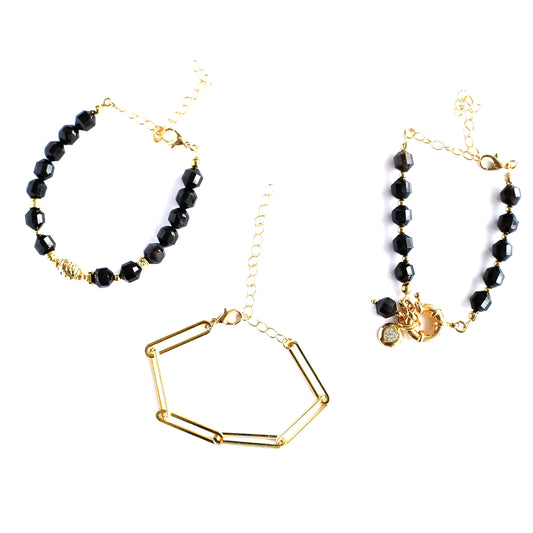 Women Gold-Plated Boho Bracelet Set 3Pcs, Black Agate & Gold-tone Bead, Gold-tone Paperclip Link Chain, Agate & Heart Pendant, Bohemian Style Trendy & Adjustable Elegant Fashion Jewelry