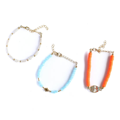 Women Gold-Plated Boho Bracelet Set 3Pcs, Long Shell Pearl & Beads, Blue Beads & Snowflake, Orange Round Flat Beads & Multi Color Fish, Bohemian Style Trendy & Adjustable Elegant Fashion Jewelry