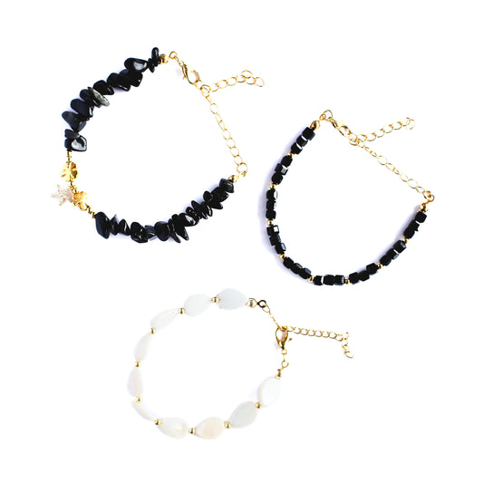 Women Gold-Plated Boho Bracelet Set 3Pcs, Onyx & Starfish, Clover Pendant, Mother of Pearl & Beads, Black & Gold-tone Beads, Bohemian Style Trendy & Adjustable Elegant Fashion Jewelry