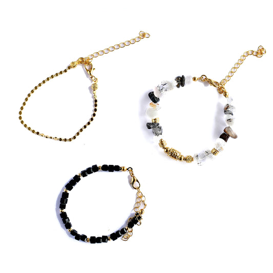 Women Gold-Plated Boho Bracelet Set 3Pcs, Chain, Quartz & Gold-tone Bead, Black & Gold-tone Beads, Bohemian Style Trendy & Adjustable Elegant Fashion Jewelry