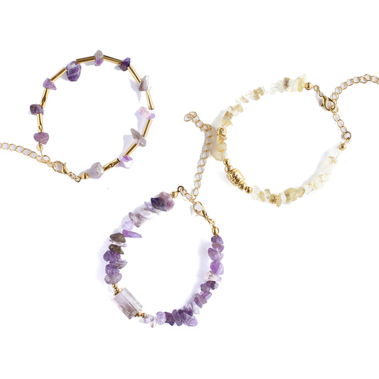 Women Gold-Plated Boho Bracelet Set 3Pcs, Amethyst & Long Gold-tone Beads, Citrine & Bead, Amethyst & Stone Pendant, Bohemian Style Trendy & Adjustable Elegant Fashion Jewelry
