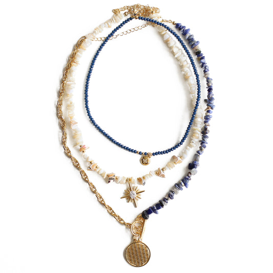 Women Gold-Plated Boho Layered Necklace Set 3Pcs, Beads with Round Pendant, Mother of Pearl with Star Pendant, Half Chain & Lapis & Round Pendant, Bohemian Style Trendy & Adjustable Fashion Jewelry