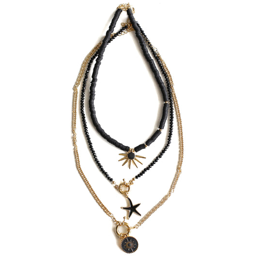 Women Gold-Plated Boho Layered Necklace Set 3Pcs, Black Flat Round Beads with Sun Pendant, Beads with Starfish Pendant, Chain with Round Pendant, Bohemian Style Trendy & Adjustable Fashion Jewelry