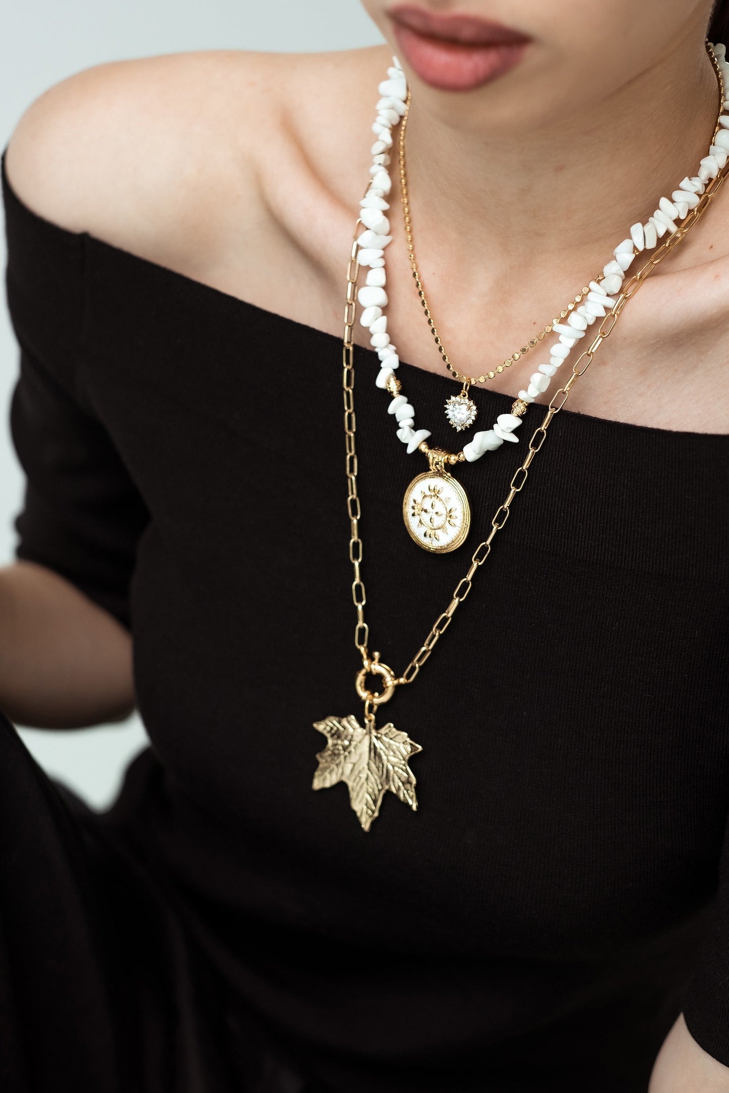 Women Gold-Plated Boho Layered Necklace Set 3Pcs, Chain with Heart Pendant, Moonstone with Round Pendant, Link Chain with Leaf Pendant, Bohemian Style Trendy & Adjustable Elegant Fashion Jewelry