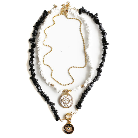Women Gold-Plated Boho Layered Necklace Set 3Pcs, Chain, White Moonstone with Round Pendant, Black Onyx Stone with Eye Pendant, Bohemian Style Trendy & Adjustable Elegant Fashion Jewelry