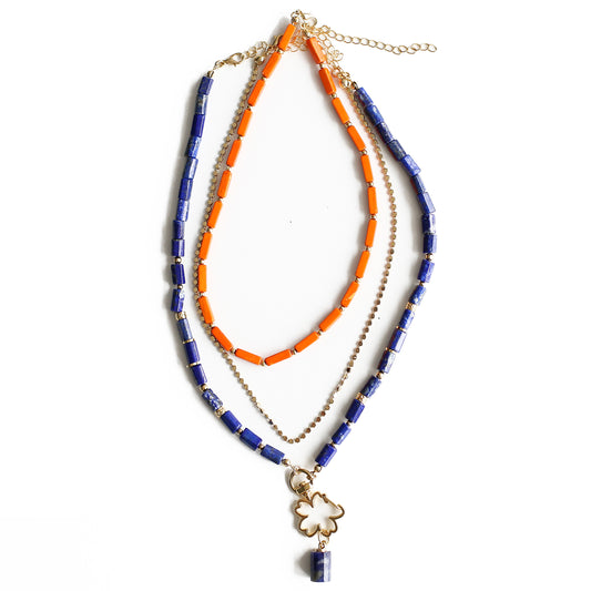 Women Gold-Plated Boho Layered Necklace Set 3Pcs, Orange Long Beads, Chain, Blue Lapis Lazuli with Flower Holder & Stone Pendant, Bohemian Style Trendy & Adjustable Elegant Fashion Jewelry