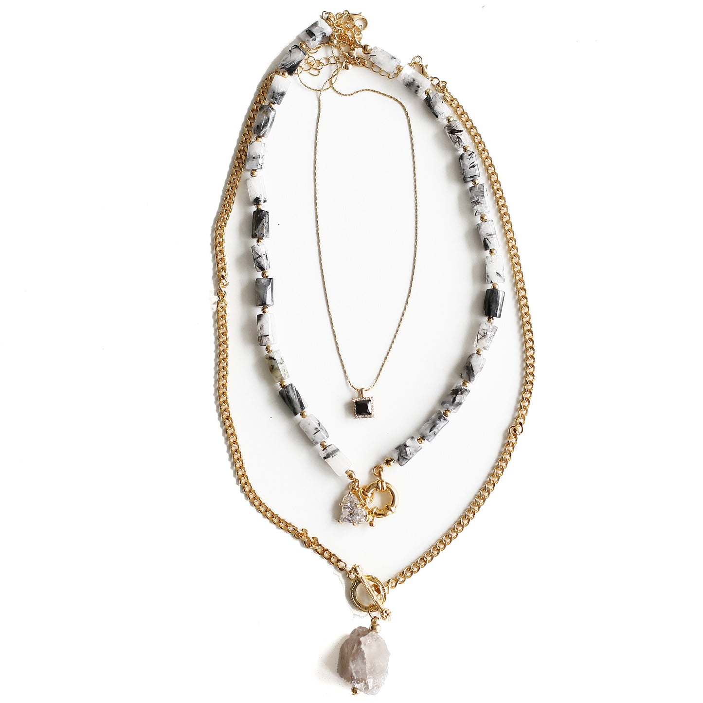 Women Gold-Plated Boho Layered Necklace Set 3Pcs, Chain with Black Square Pendant, Grey Quartz with Heart Pendant, Chain with Stone Pendant, Bohemian Style Trendy & Adjustable Elegant Fashion Jewelry