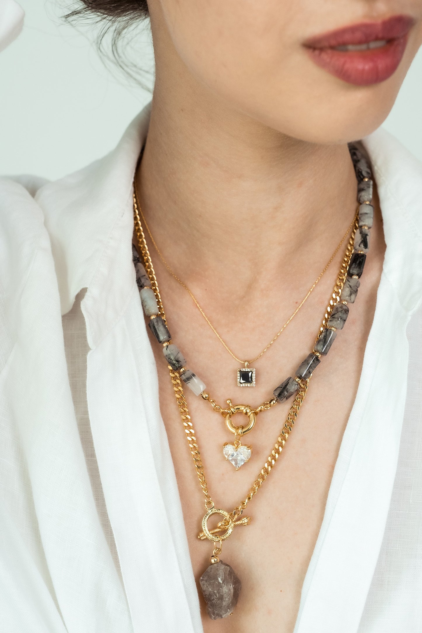 Women Gold-Plated Boho Layered Necklace Set 3Pcs, Chain with Black Square Pendant, Grey Quartz with Heart Pendant, Chain with Stone Pendant, Bohemian Style Trendy & Adjustable Elegant Fashion Jewelry