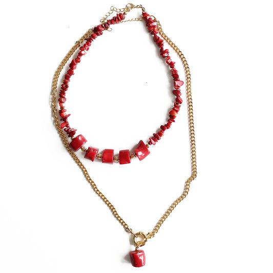 Women Gold-Plated Boho Layered Necklace Set 2Pcs, Red Coral and Beads, Chain with Stone Pendant, Bohemian Style Trendy & Adjustable Elegant Fashion Jewelry
