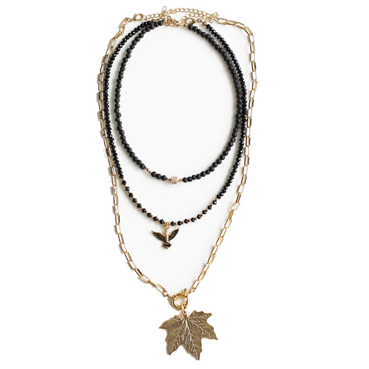 Women Gold-Plated Boho Layered Necklace Set 3Pcs, Lava Stone, Black Beads with Bird Pendant, Link Chain with Leaf Pendant, Bohemian Style Trendy & Adjustable Elegant Fashion Jewelry