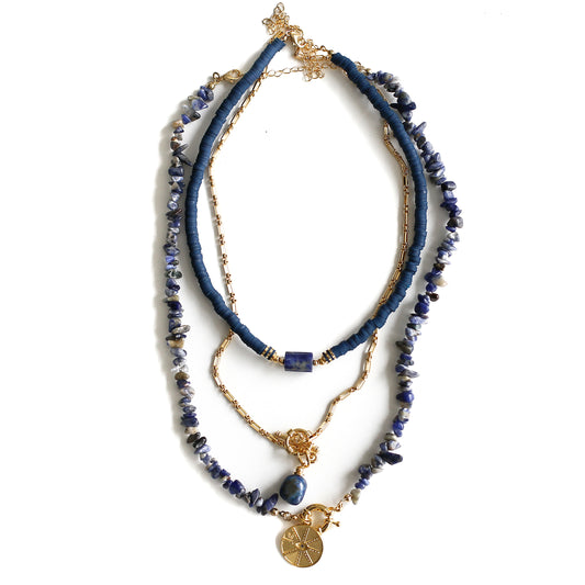 Women Gold-Plated Boho Layered Necklace Set 3Pcs, Lapis Lazuli & Blue Flat Round Beads, Chain with Stone Pendant, Lapis Lazuli with Eye Pendant, Bohemian Style Trendy & Adjustable Fashion Jewelry