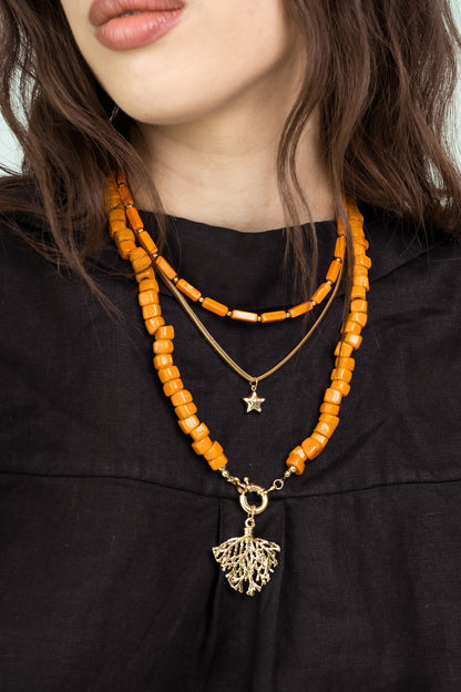 Women Gold-Plated Boho Layered Necklace Set 3Pcs, Orange Long Beads, Snake Chain with Star Pendant, Orange Beads with Leaf Pendant, Bohemian Style Trendy & Adjustable Elegant Fashion Jewelry