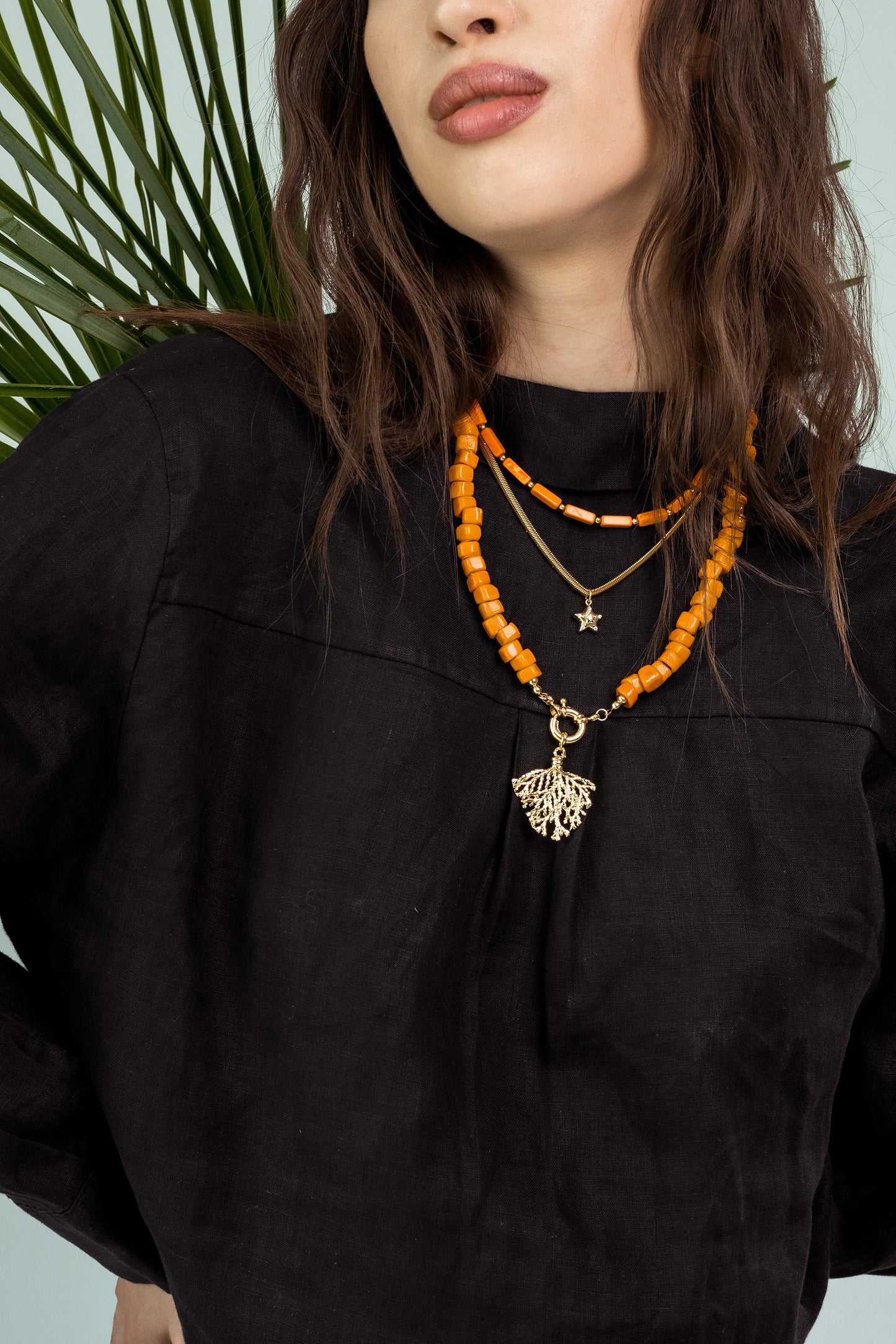 Women Gold-Plated Boho Layered Necklace Set 3Pcs, Orange Long Beads, Snake Chain with Star Pendant, Orange Beads with Leaf Pendant, Bohemian Style Trendy & Adjustable Elegant Fashion Jewelry