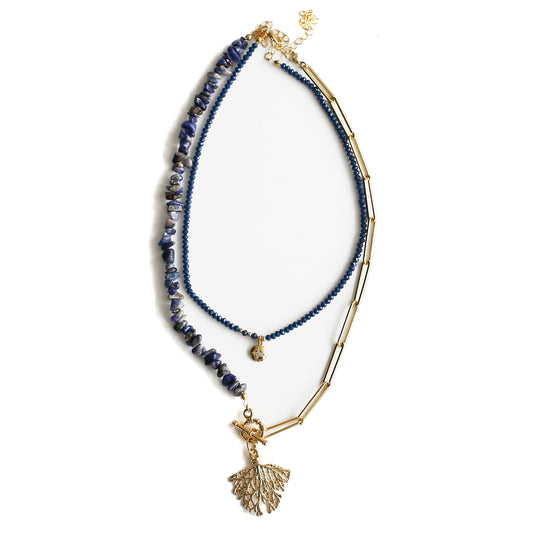 Women Gold-Plated Boho Layered Necklace Set 2Pcs, Blue Beads with Round Pendant, Half Lapis Lazuli Half Link Chain with Leaf Pendant, Bohemian Style Trendy & Adjustable Elegant Fashion Jewelry